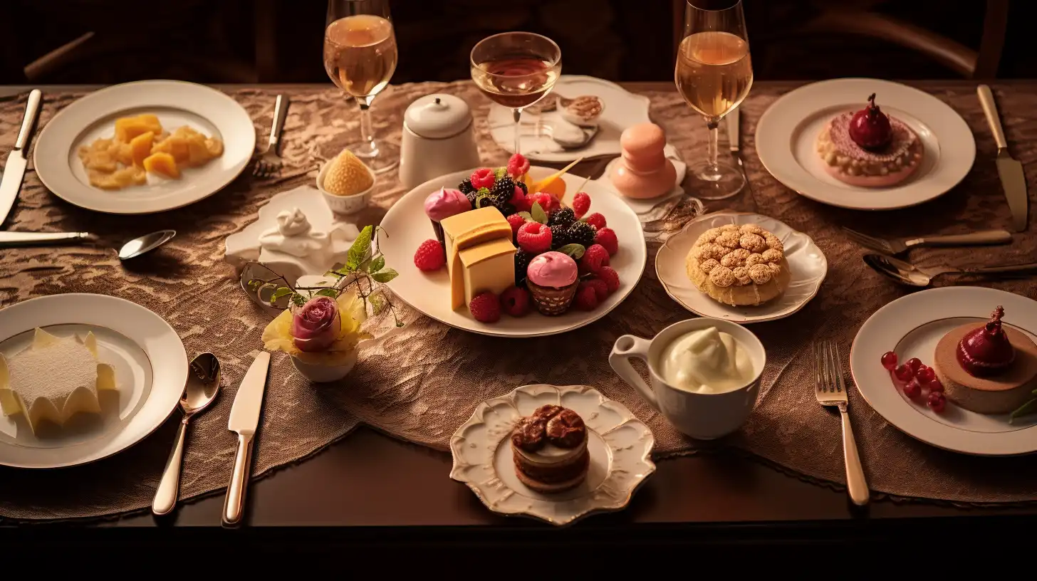 Dining table with a rich meal and light desserts