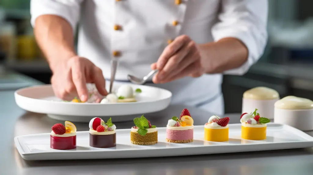 Chef arranging light desserts	