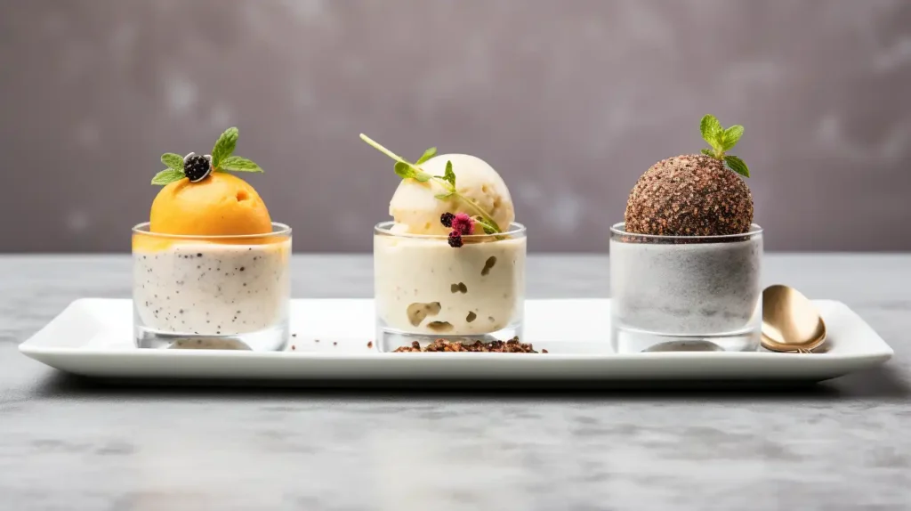 Three distinct desserts on marble background	