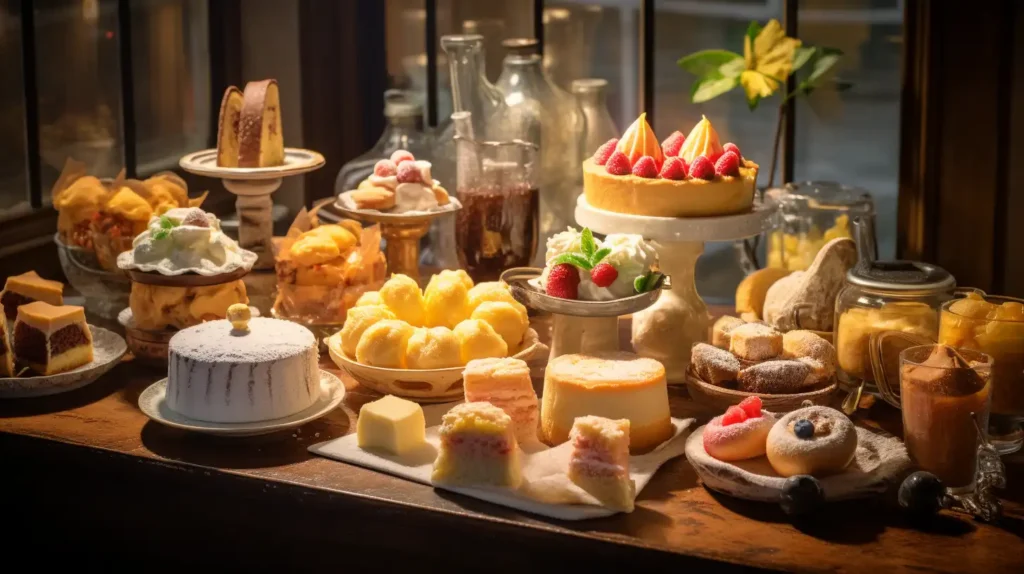 Display of light baked goods and international desserts	