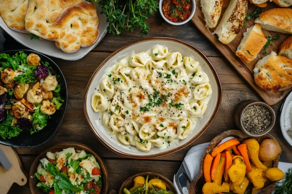 Tortellini alfredo with various side dishes.