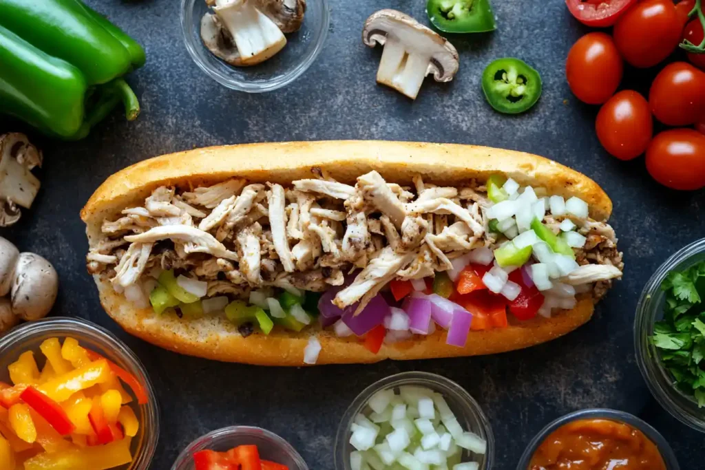 Chicken cheesesteak with toppings.