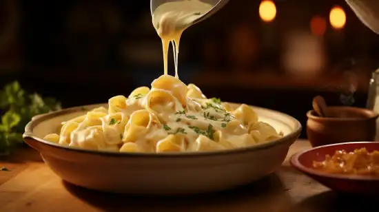 Creamy Alfredo sauce being poured over tortelloni, emphasizing its rich and velvety texture.	