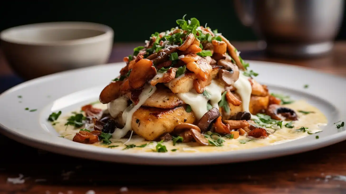 Cooked Alice Springs Chicken with melted cheese, sautéed mushrooms, and parsley on a white plate.