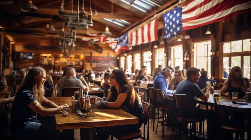 A lively restaurant scene with diners enjoying Alice Springs Chicken, with Australian and American flags in the background.