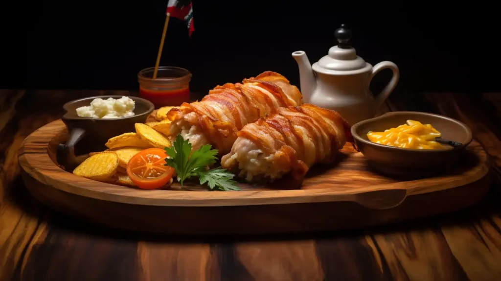 Alice Springs Chicken served on a wooden platter with an Australian flag in the background, symbolizing its culinary legacy.