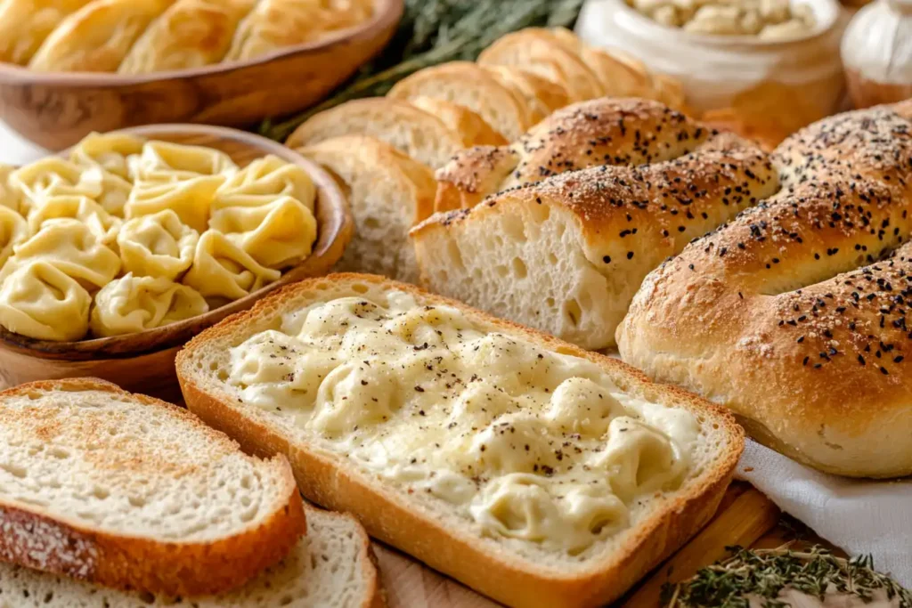 Delicious breads with tortellini alfredo.