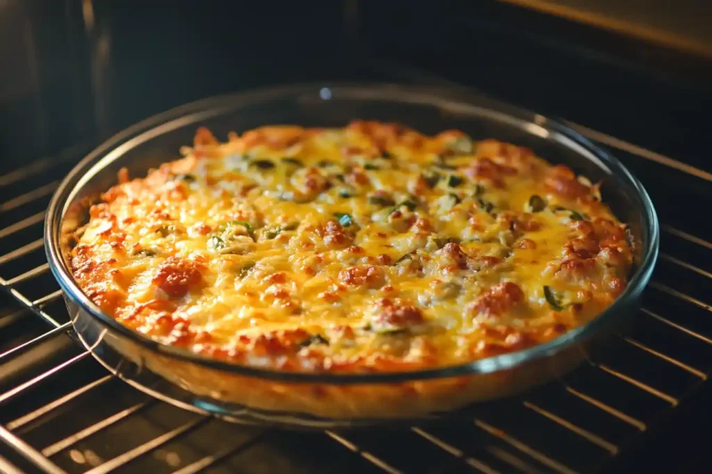 Crustless pizza baking in oven