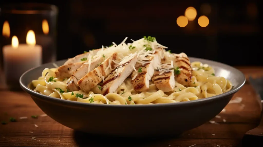 An inviting bowl of Chicken Alfredo with creamy pasta, golden-brown chicken slices, and steam rising.