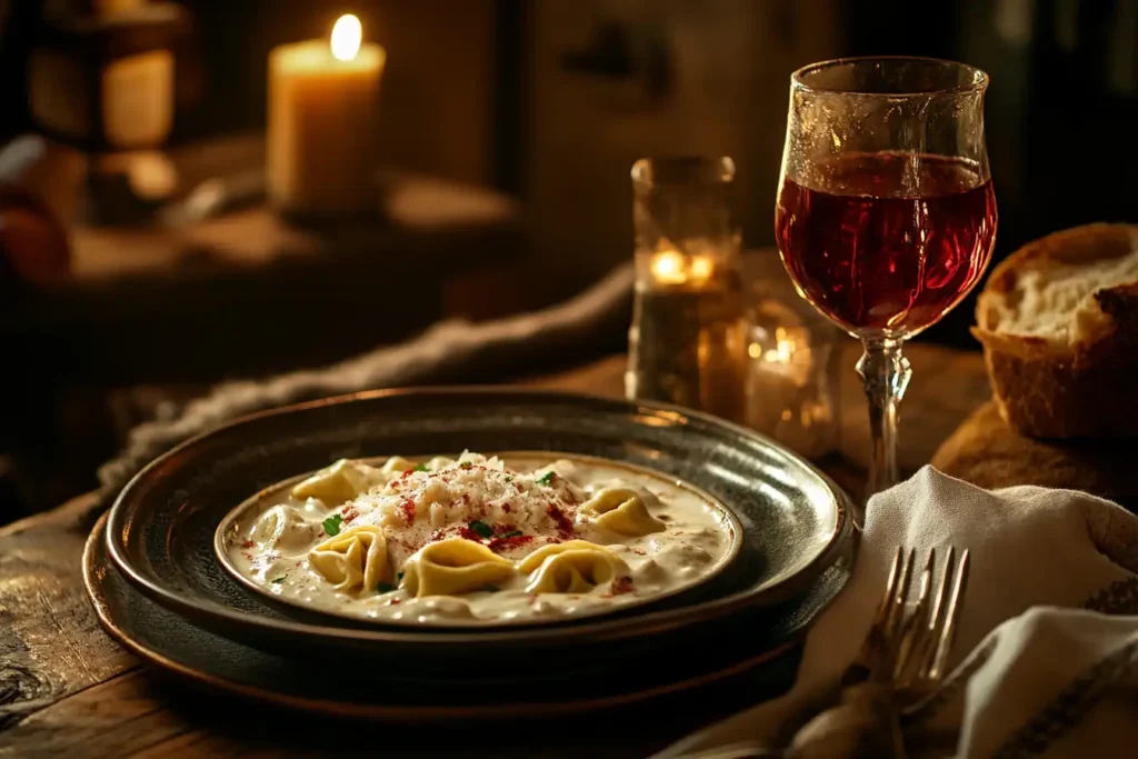 Creamy chicken tortellini alfredo on a plate