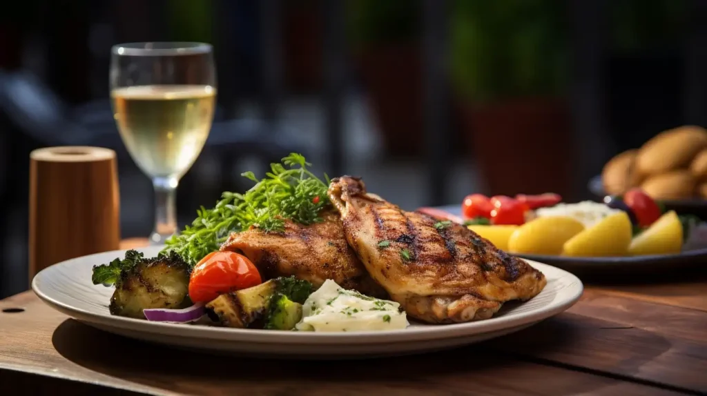 A beautifully plated Chicken on the Barbie paired with mashed potatoes, fresh salad, and a refreshing drink.