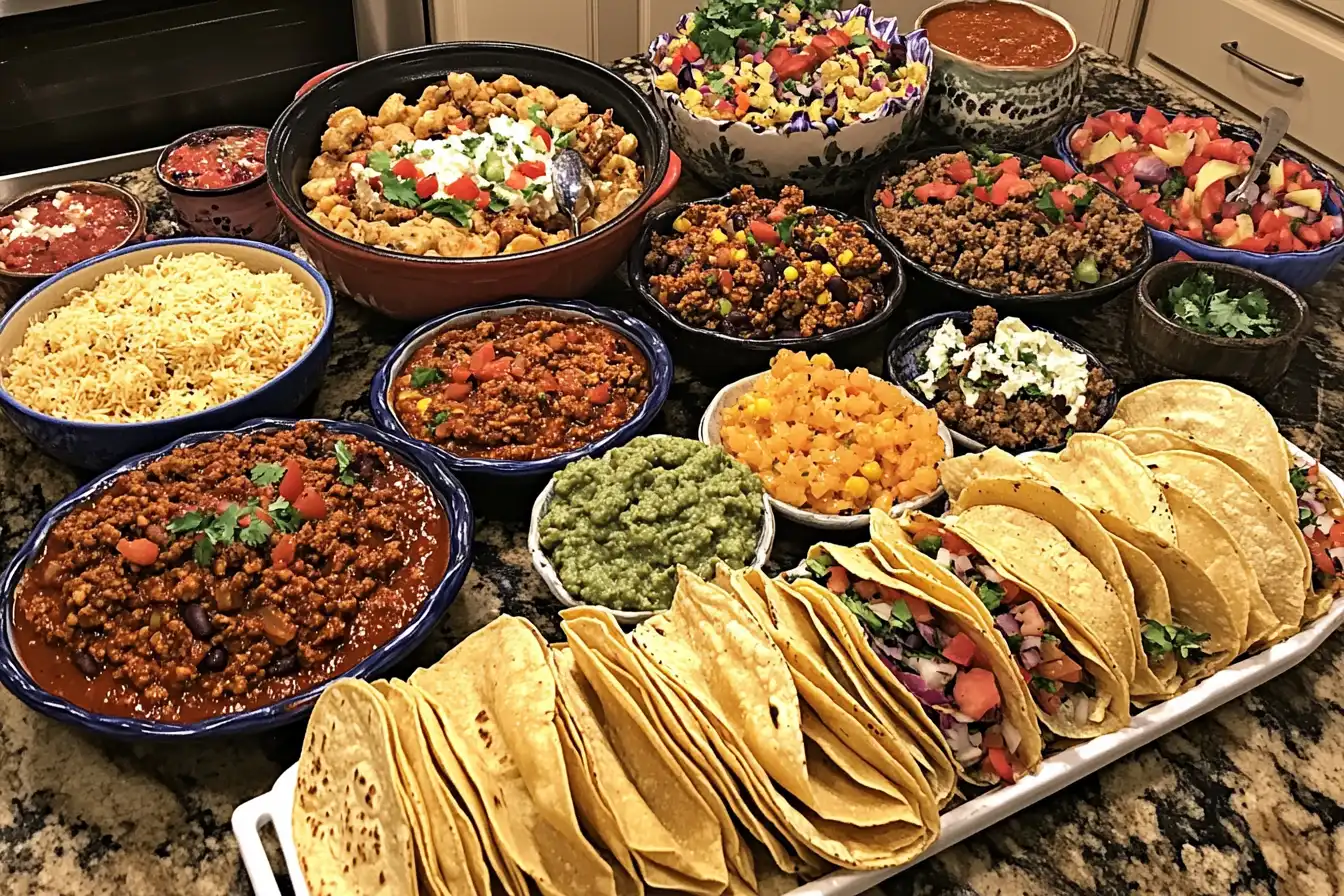 A colorful spread of chili con carne, enchiladas, tacos, and tamales.