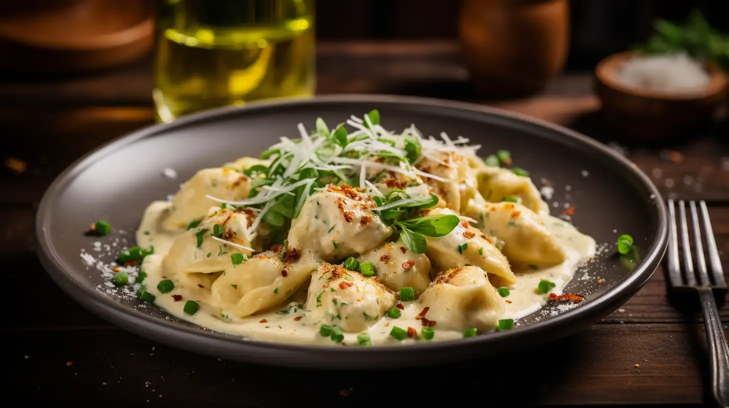 Alfredo Sauce Pouring Over Tortelloni