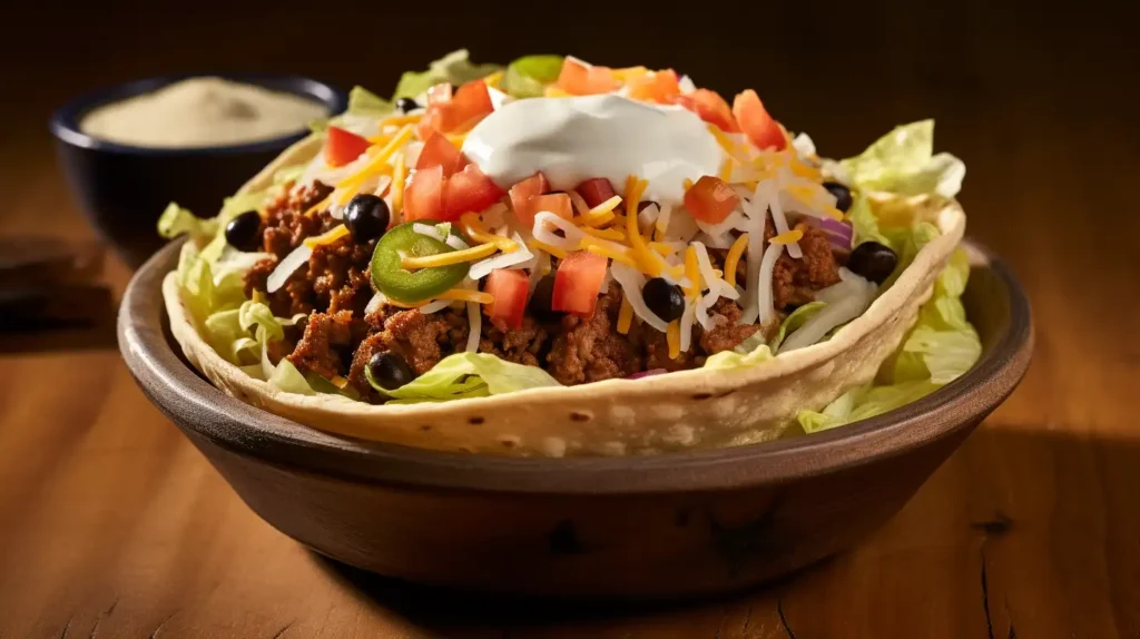 Close-up of a taco bowl with seasoned beef, lettuce, tomatoes, black beans, sour cream, and tortilla bowl