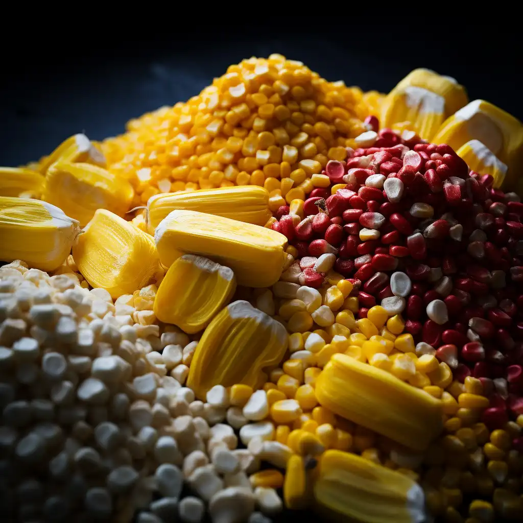 Corn kernels and cornmeal arrangement.