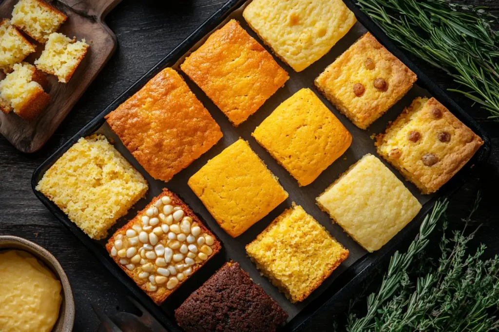 Various types of cornbread on a tray