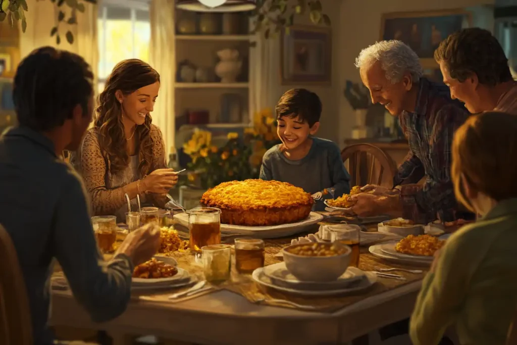 Family eating cornbread at a dinner table