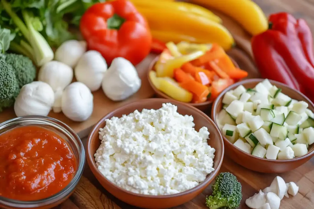 Assembling a cottage cheese pizza bowl ingredients