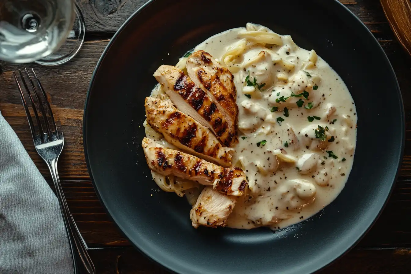 Chicken alfredo on a plate showing the creamy sauce and grilled chicken.