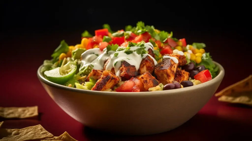 Close-up of a customizable Taco Bell bowl with steak, chicken, tofu, cheese, salsa, sour cream, and jalapeños.