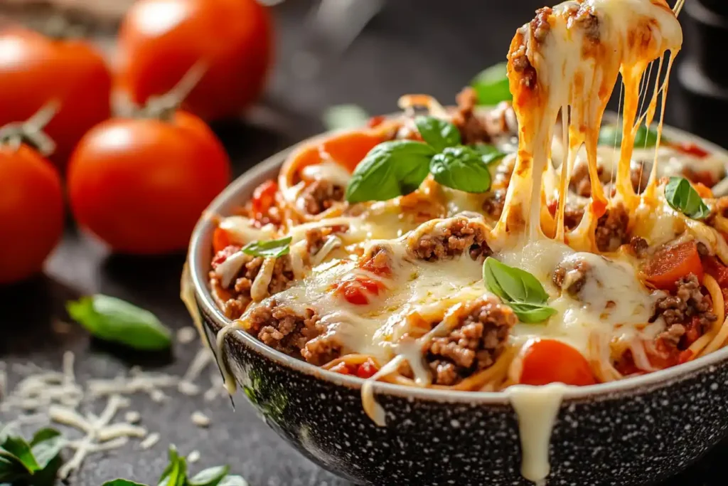 Crustless pizza bowl on a table.