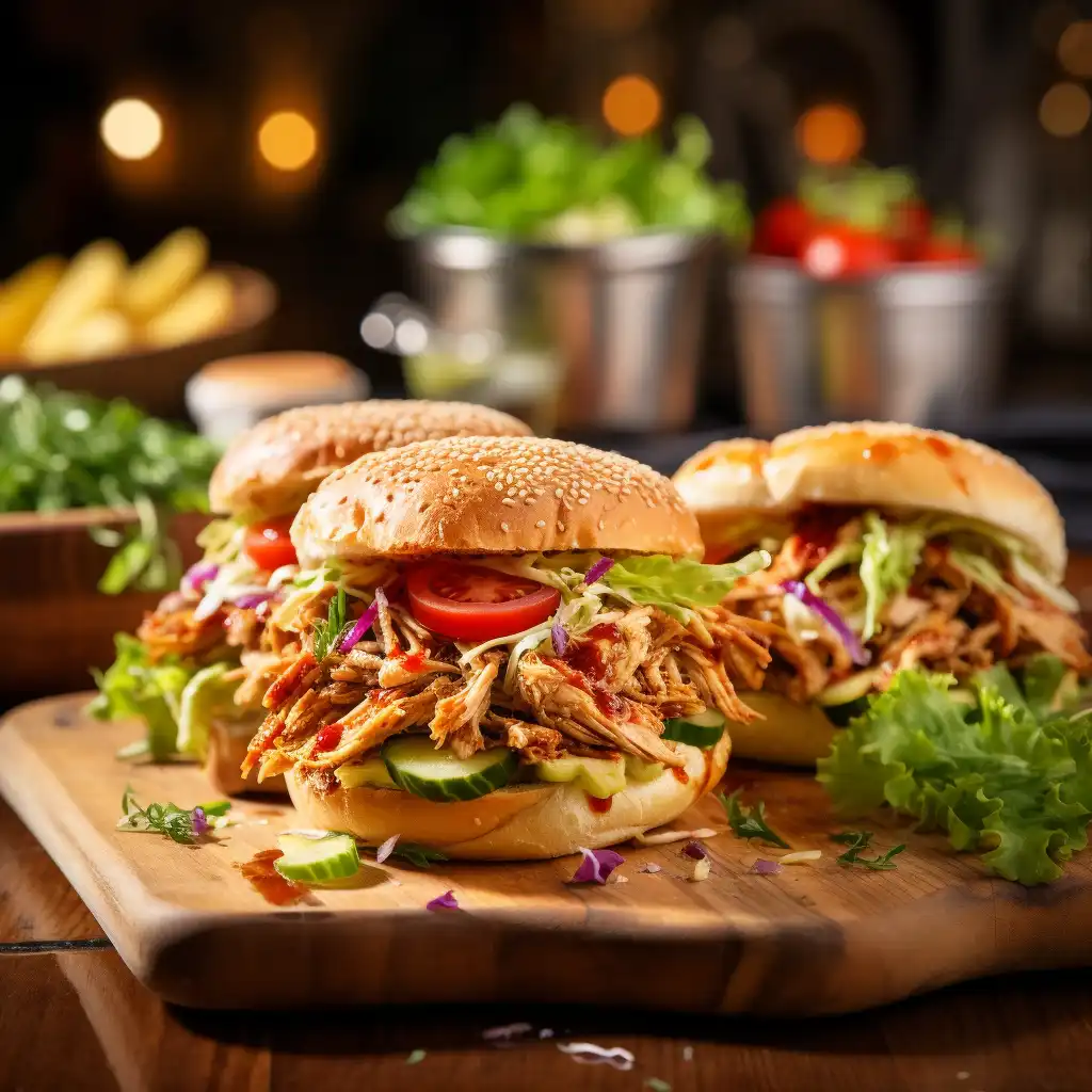 Freshly prepared shredded chicken sandwiches on a wooden board.