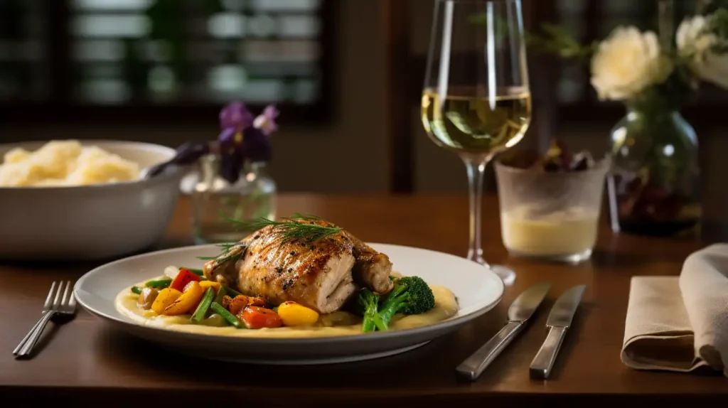 Alice Springs Chicken served with mashed potatoes and vegetables on an elegant dining table.