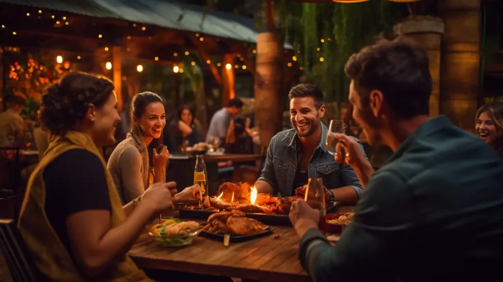 Diners enjoying Chicken on the Barbie at a cozy restaurant, with the chicken dish in focus on the table.