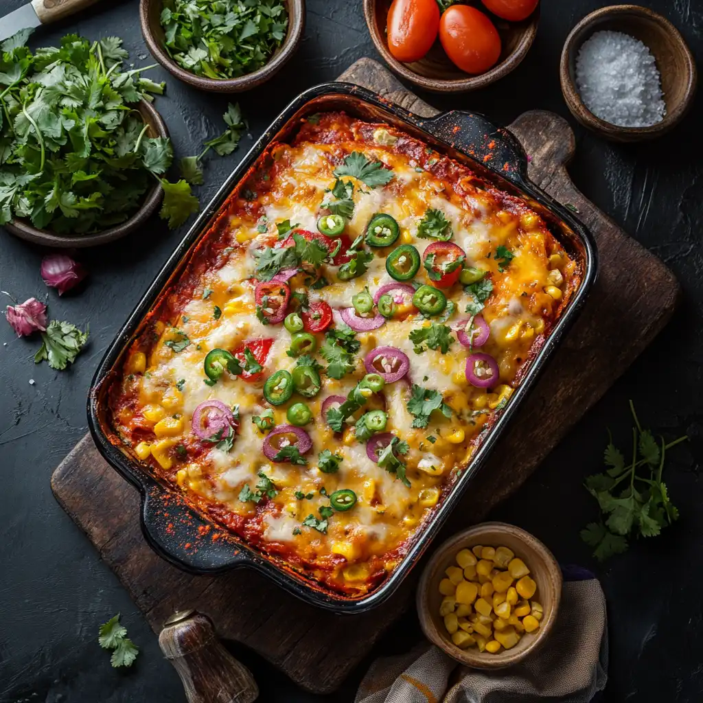 A chalkboard with colorful FAQs about Mexican Cornbread Casserole, like 'Make ahead?' and 'Gluten-free?'.	