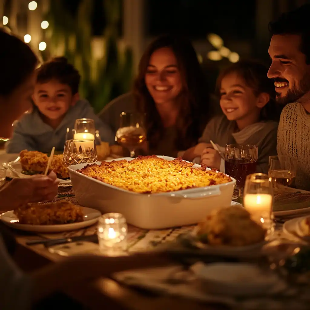 A family dinner with Mexican Cornbread Casserole as the centerpiece, surrounded by smiling faces.	