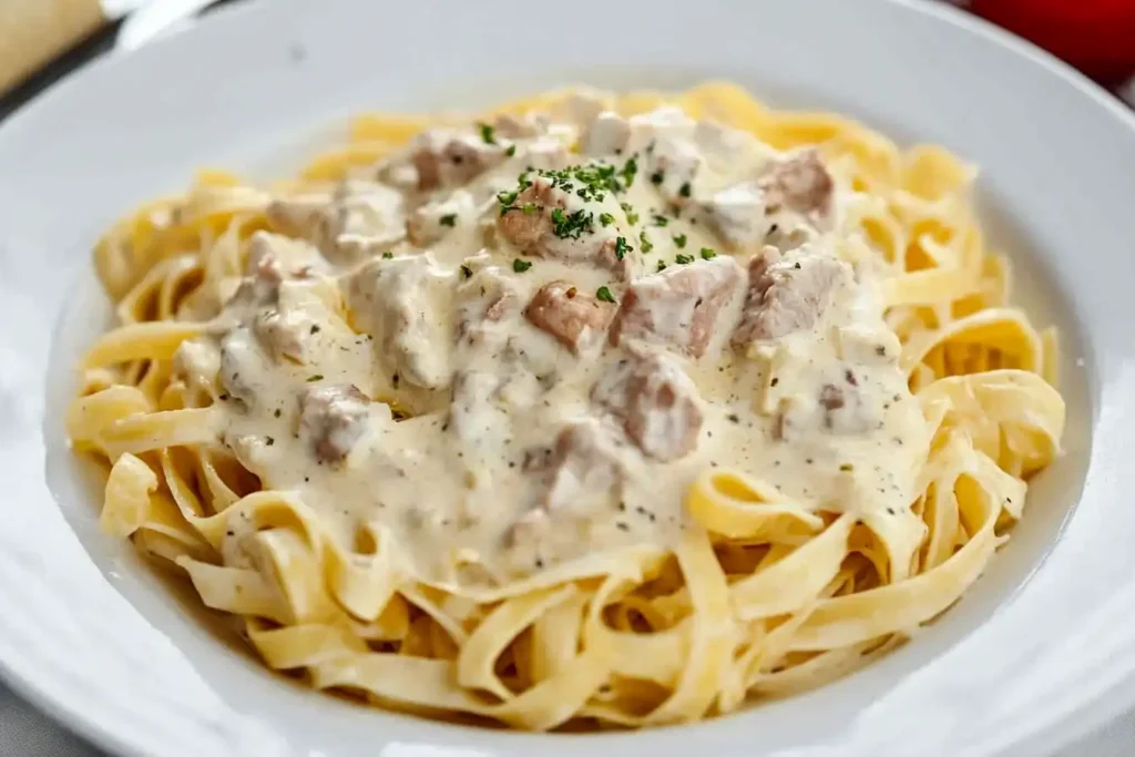 Fettuccine pasta with Alfredo sauce close-up