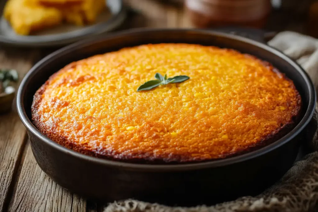 Mexican cornbread baked in a pan.