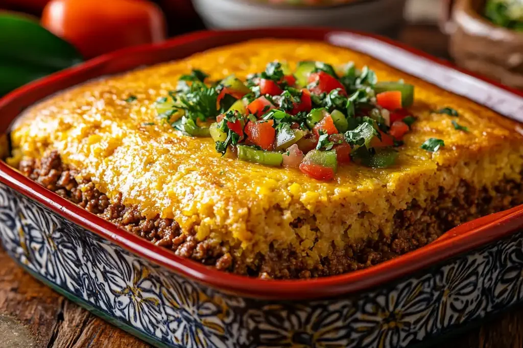 An inviting table with a freshly baked Mexican Cornbread Casserole, golden cornbread top, and steamy filling.