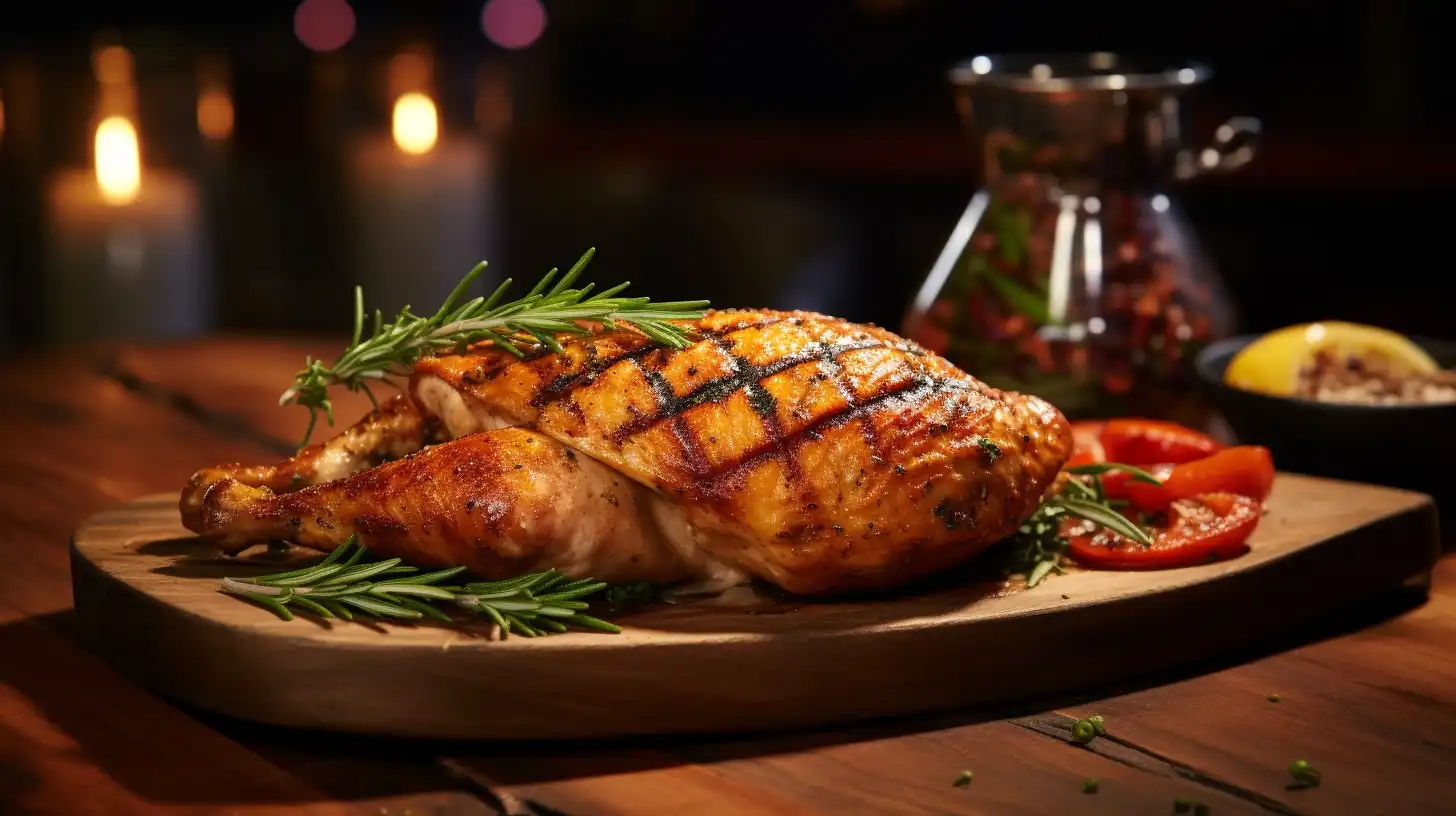 A freshly grilled chicken breast sizzling on a barbecue, garnished with herbs, served on a wooden platter.