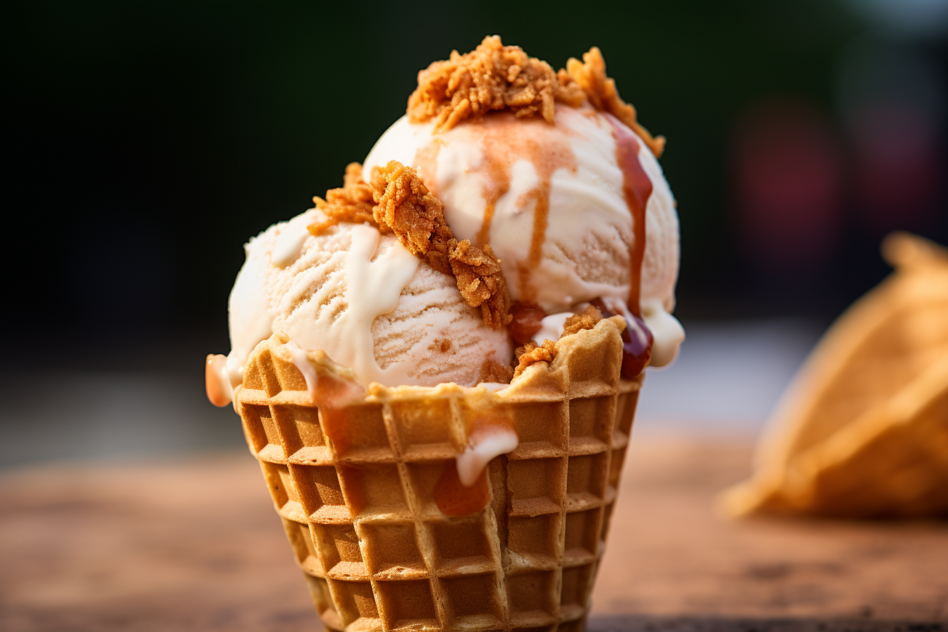 Fried chicken ice cream in a waffle cone