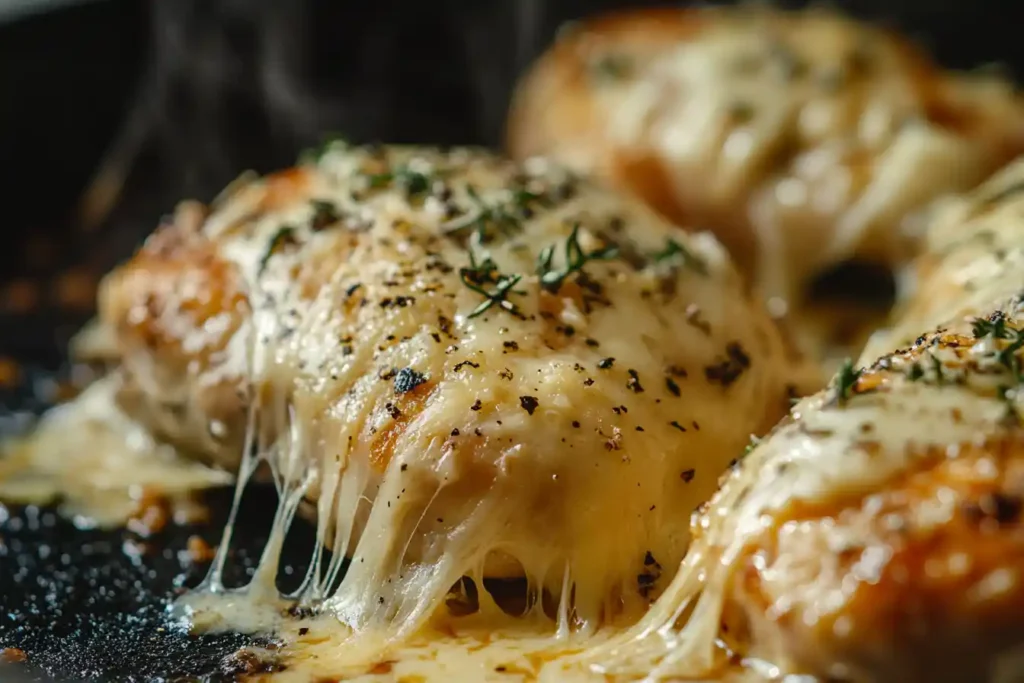 Melted cheese on a chicken cheesesteak.