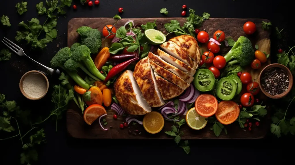 A health-focused plate featuring Alice Springs Chicken with smaller portions, vegetables, and nutritional labels.