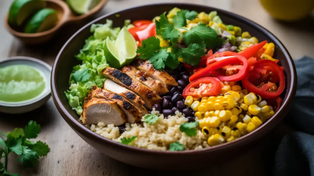 Healthy taco bowl with quinoa, grilled chicken, bell peppers, corn, guacamole, and lime dressing	