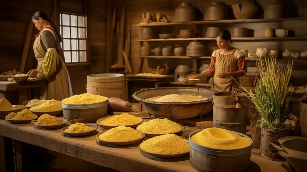 A vibrant kitchen scene with Mexican spices, cornmeal, peppers, and cheese highlighting cultural fusion.	