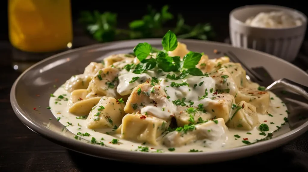 Chicken tortelloni Alfredo with parsley, surrounded by tortelloni, Alfredo sauce, Parmesan, and chicken breast.	