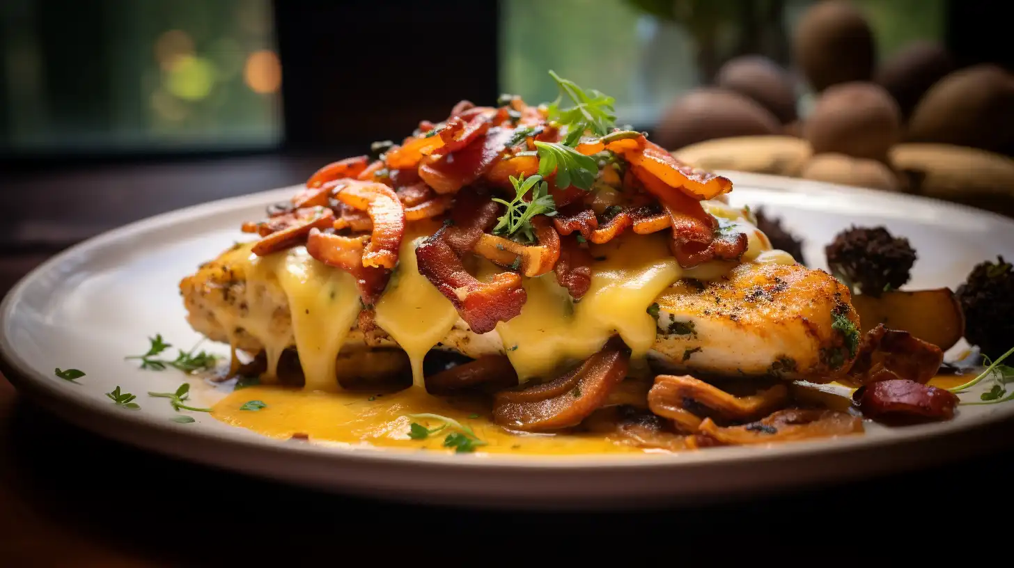 Close-up of Alice Springs Chicken with grilled chicken, honey mustard, sautéed mushrooms, and melted cheese.