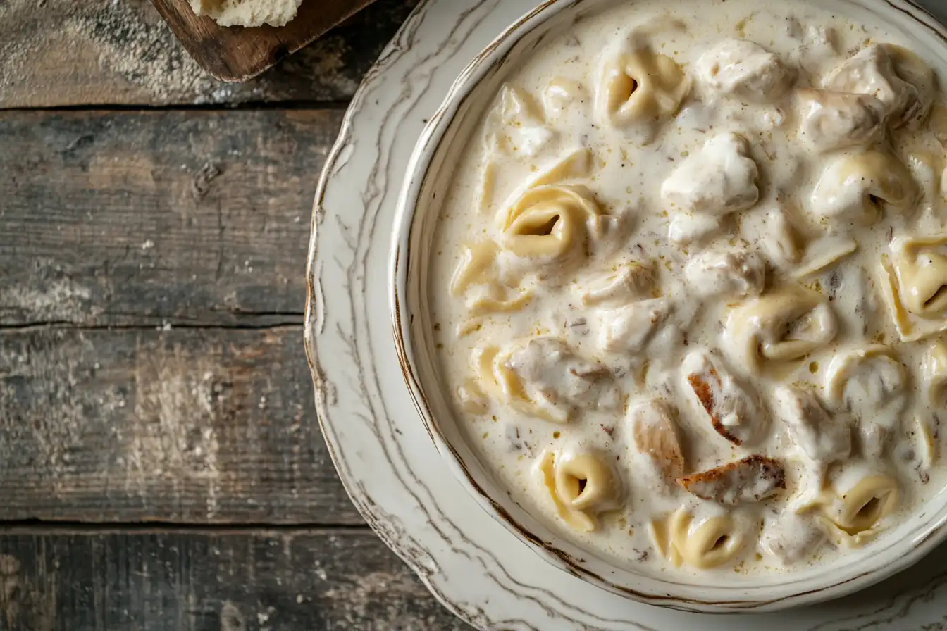 Close-up of Alfredo sauce being made in a pan for chicken tortellini alfredo.