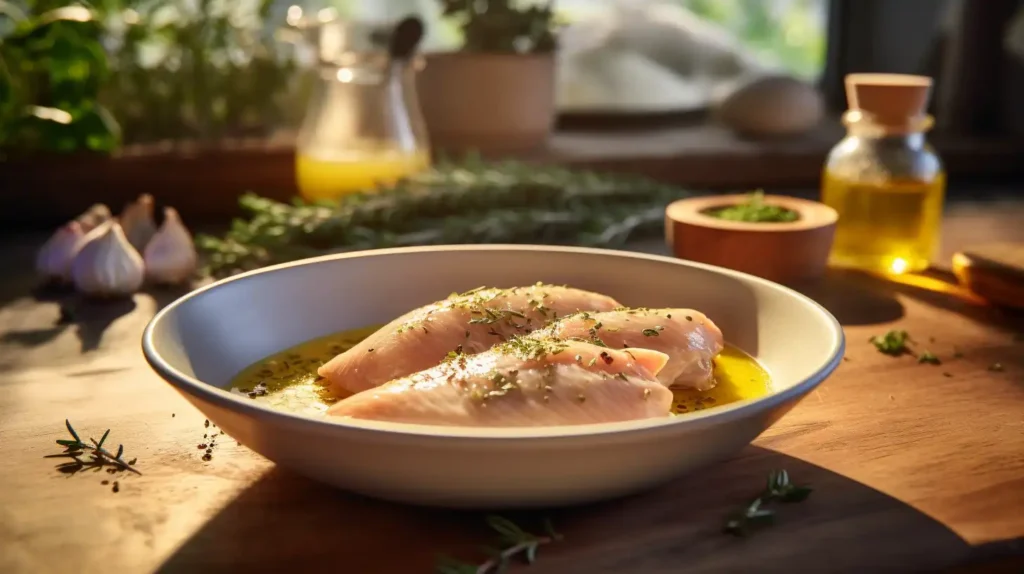 Raw chicken breast marinating in honey mustard sauce with garlic and herbs on a rustic kitchen counter