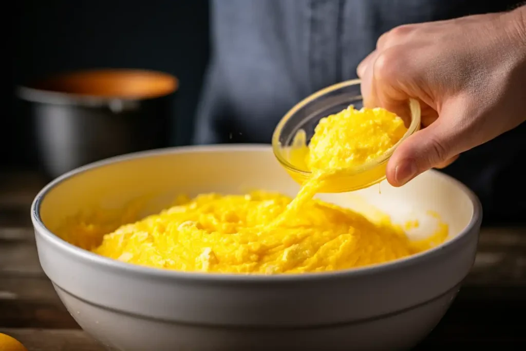 Adding eggs to Mexican cornbread batter.