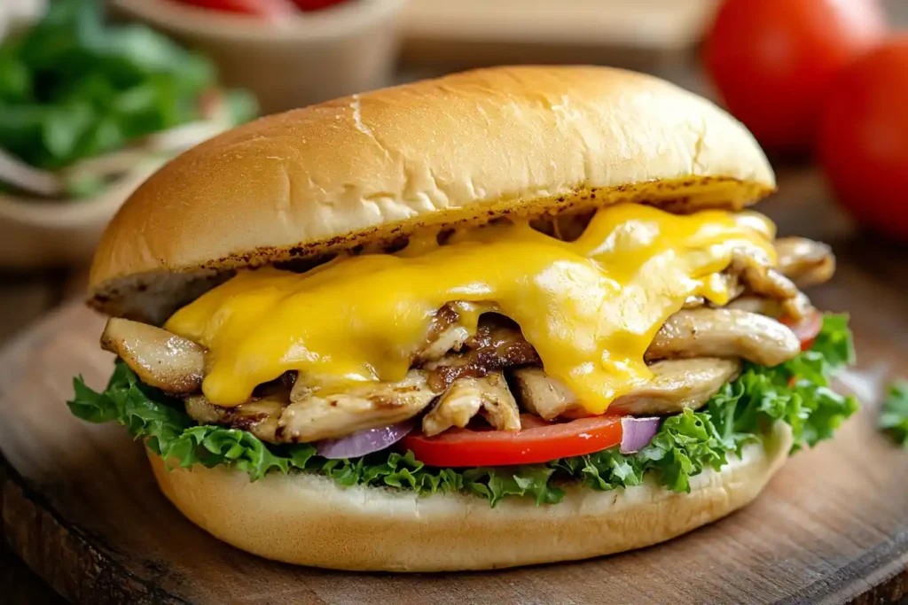 A chicken cheesesteak sandwich.