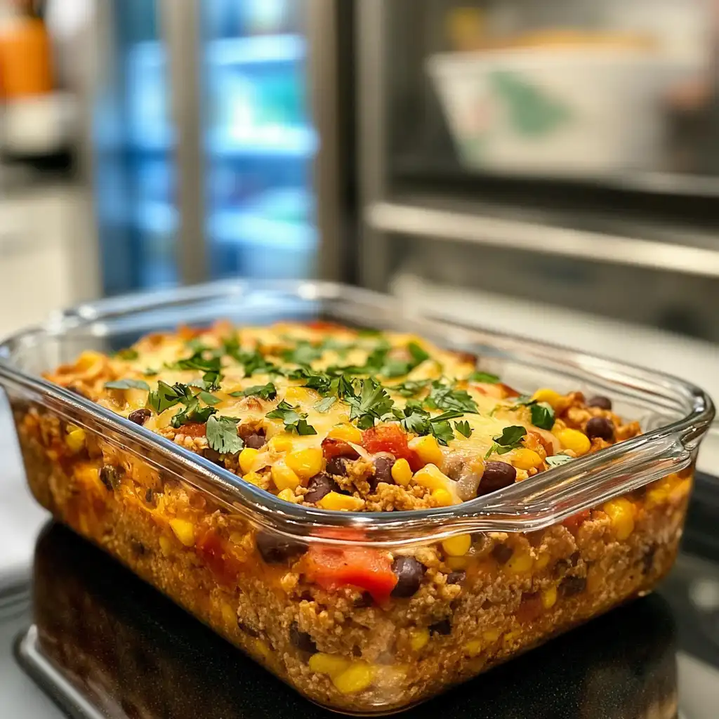 A nutrition label with a Mexican Cornbread Casserole in a glass container, near a refrigerator and freezer.	