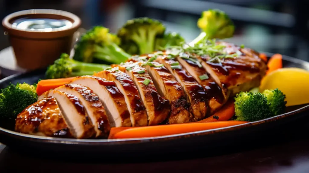 Close-up of a perfectly cooked chicken breast with charred grill marks, steamed vegetables, and barbecue sauce.