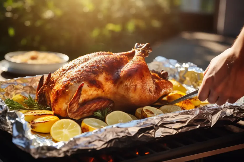 Person preparing a whole turkey for grilling by placing a large sheet of aluminum foil over the bird, with a grill visible in the background.