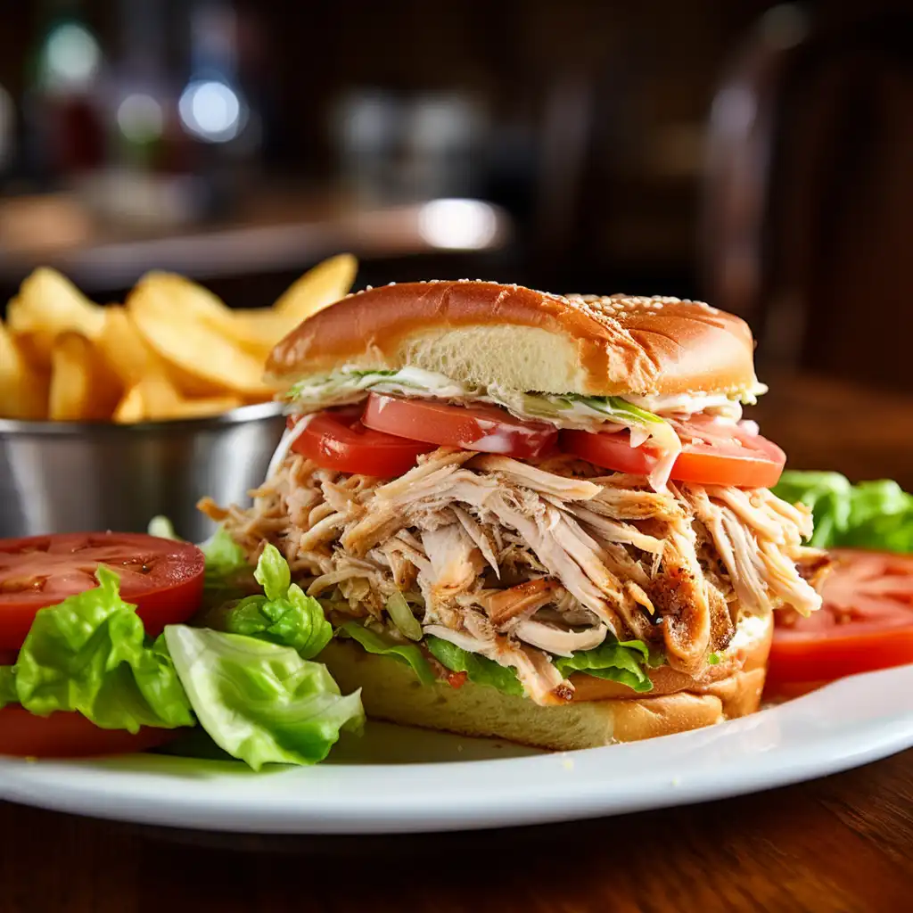 A shredded chicken sandwich cut in half.