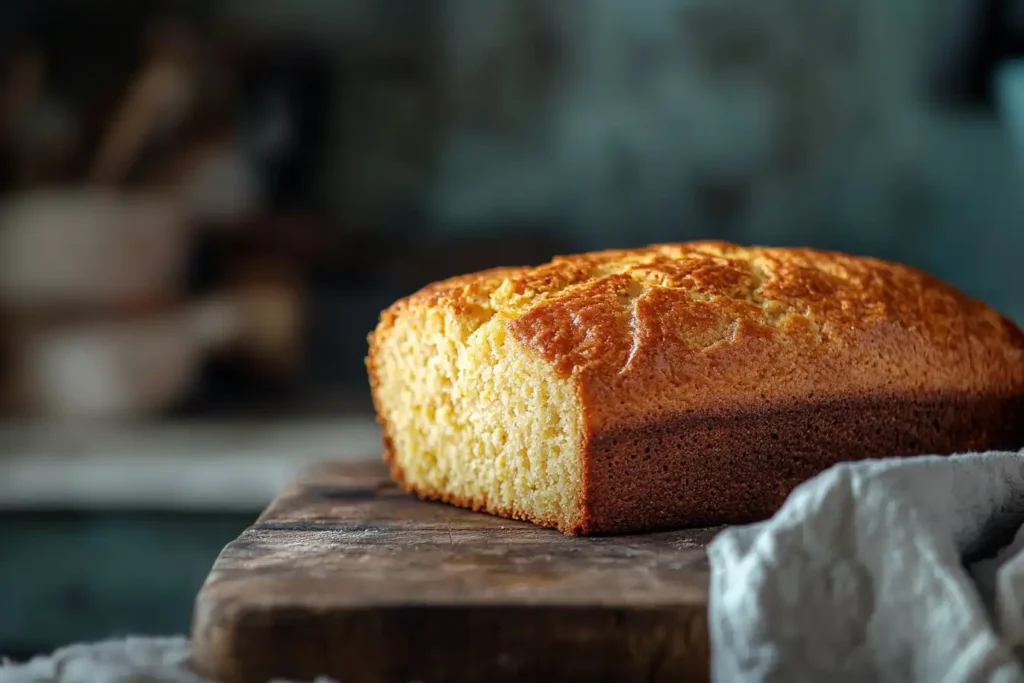 Golden cornbread on a cutting board